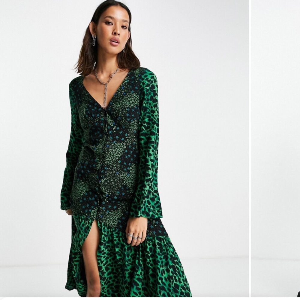 Topshop star and leopard print button front midi dress